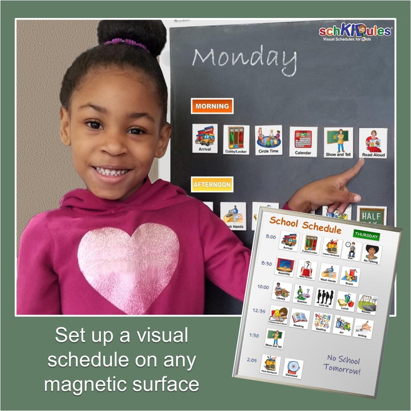 SchKIDules Visual Schedule Magnets: 87pc School Collection for Special Education and Preschool Student Support: Contains 66 (2x2) School-Themed Icons +21 Headings Available in English & Spanish - Image 4